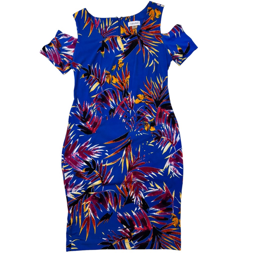 Calvin Klein Blue Tropical Cold Shoulder Sheath Dress